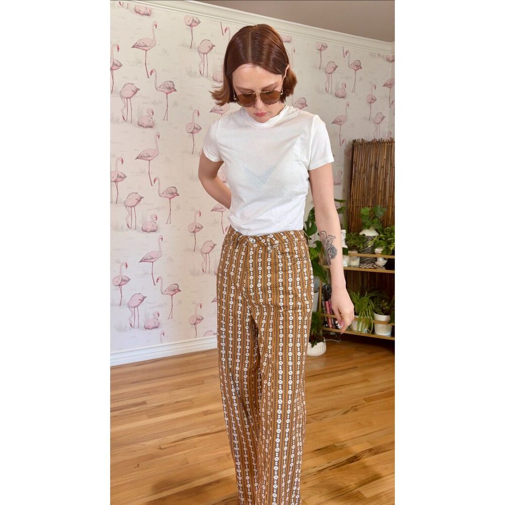 Vintage Daisy Print Yellow and Brown Wide Leg Floral Pant Size 8 - Picture 2 of 10